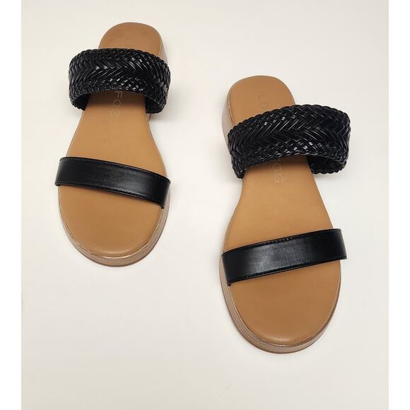 London Fog Trixey Woven Traps Platform Faux Leather Black Sandals Shoes Size 8.5 - Picture 1 of 10